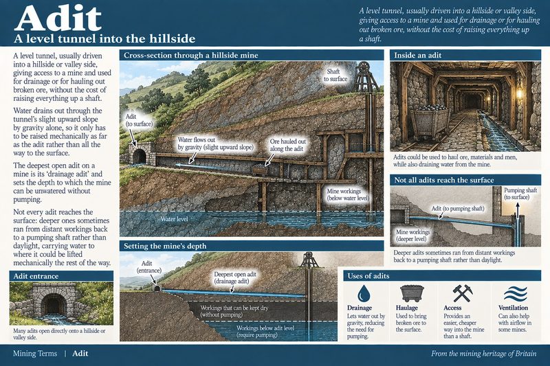 Cutaway of a hillside mine with an arched adit mouth at the foot of the slope, its gently rising tunnel draining water out and carrying a tub of ore on rails.