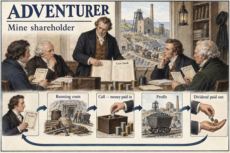 Shareholders meet over a mine's cost book, above a cycle of running costs, calls for money paid in, profit and dividends paid out.