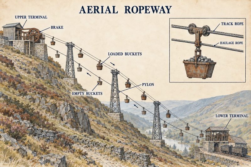 Diagram of loaded buckets descending an upland aerial ropeway while empty buckets return uphill between the two terminals.