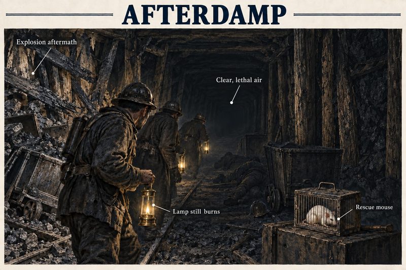 Rescuers with lamps advance through a wrecked roadway after an explosion, past bodies and a caged mouse, into air that looks clear but is lethal.