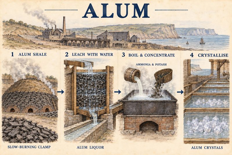 Four-stage diagram of alum making on the Yorkshire coast: shale slow-burned in a clamp, leached with water, the liquor boiled with ammonia and potash, and alum crystallised in settling troughs.
