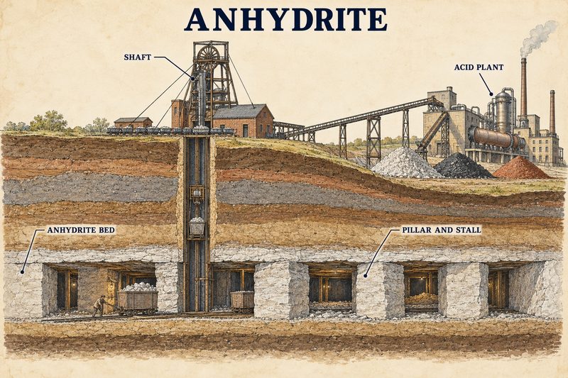 Section of the Billingham anhydrite bed worked by pillar and stall from a single shaft, with a conveyor carrying the rock to the acid plant.