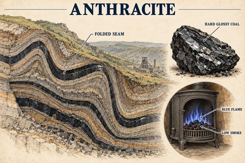 Folded anthracite seams in a valley side, a lump of hard glossy coal, and a stove burning it with a low-smoke blue flame.
