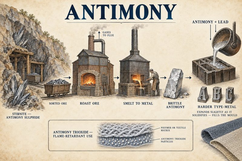 Sequence from stibnite ore through roasting and smelting to brittle antimony, alloyed with lead for type-metal, with antimony trioxide as a flame retardant.