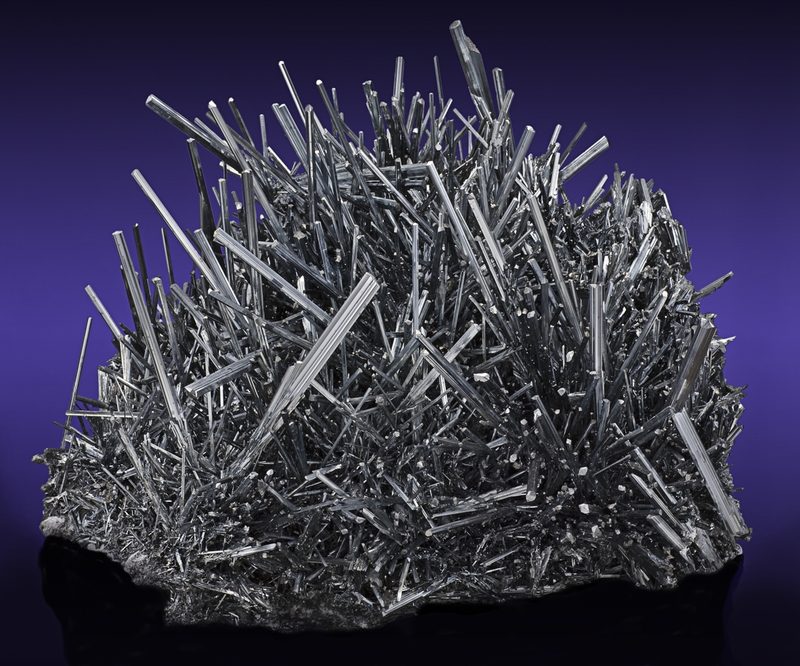 A large stibnite (antimony sulphide) specimen — the mineral form in which antimony ore was worked at Glendinning.