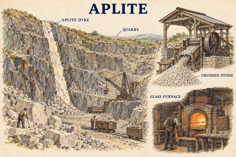 A pale aplite dyke in a benched quarry face, a crusher producing crushed stone, and the glass furnace built beside the quarry.