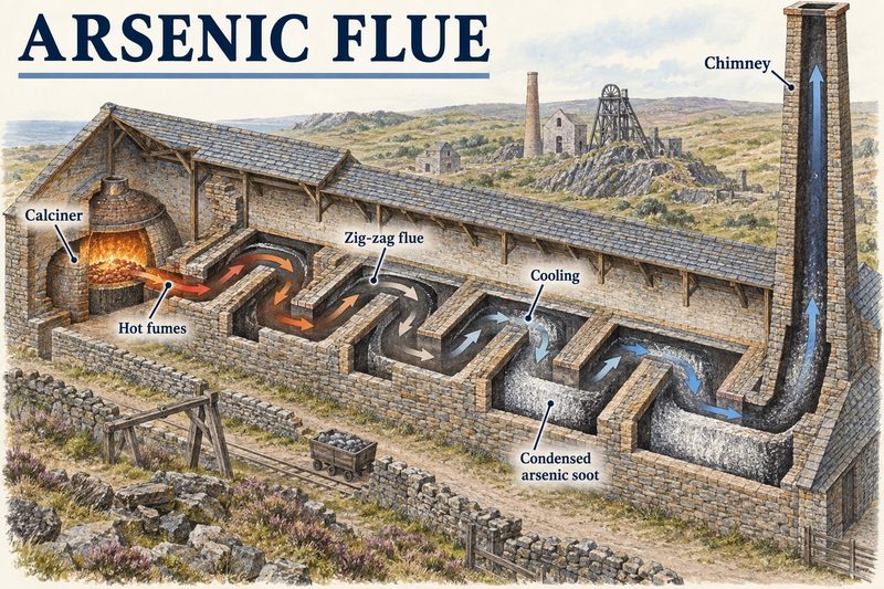A calciner at one end of a long building, its fumes cooling along a zig-zag flue where arsenic soot settles, before leaving by a tall chimney.