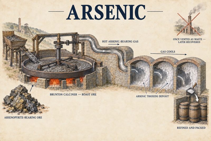 Arsenopyrite ore roasted in a Brunton calciner, the hot gas drawn through a flue to condensing chambers where arsenic trioxide is deposited and packed.