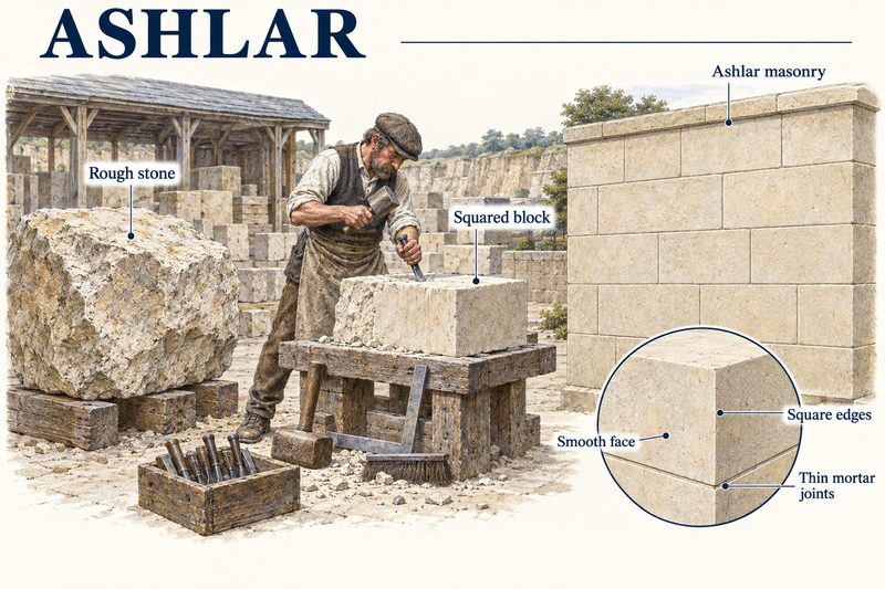 A mason squaring a block at a banker beside a rough boulder, with a finished ashlar wall and a detail of its smooth faces and thin joints.