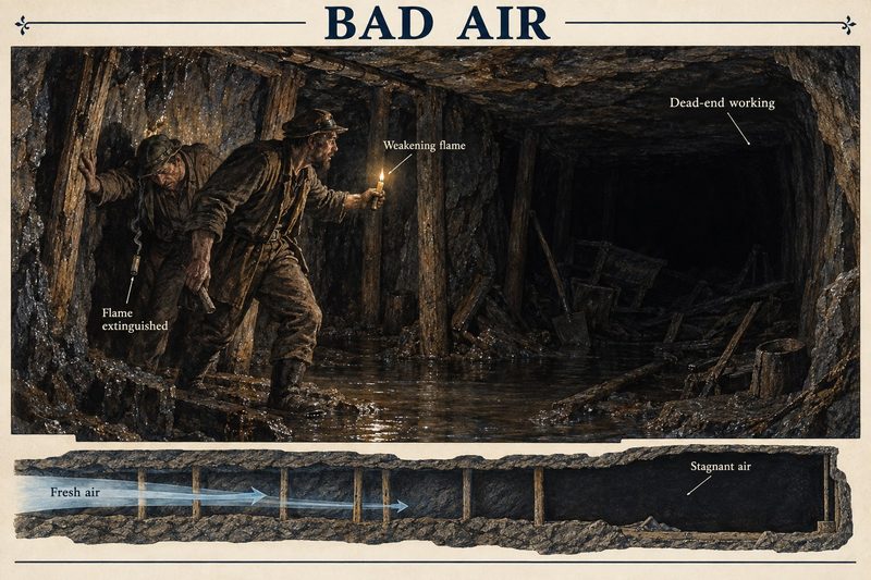 Two miners retreat from a flooded dead-end working where a candle flame weakens and dies, above a section showing fresh air failing to reach its end.