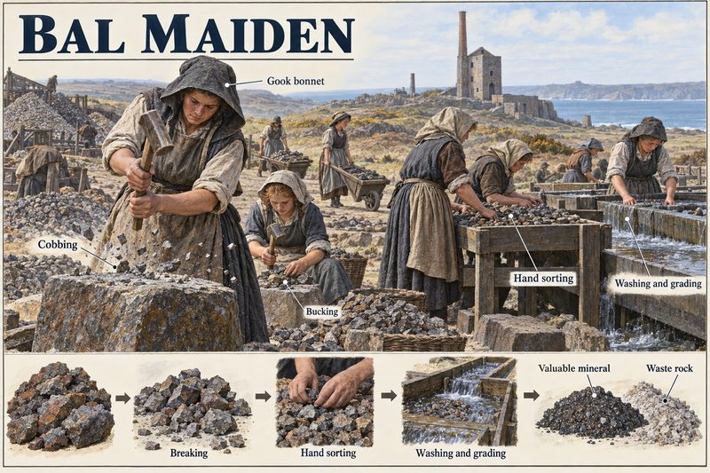 Women in gook bonnets cob, buck, hand-sort and wash ore at a Cornish mine, above a strip showing ore broken down and separated from waste rock.