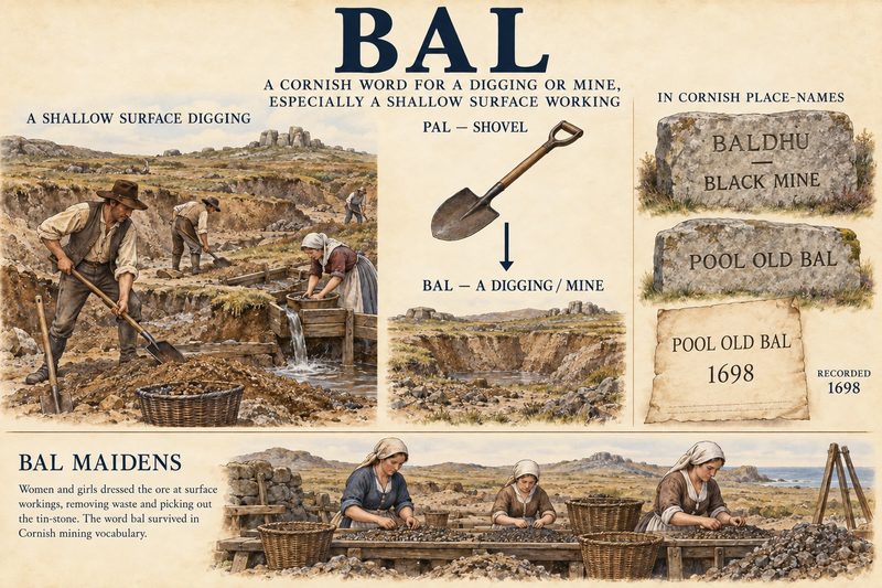 Men and a bal maiden at a shallow surface digging, a shovel labelled pal beside the word bal, and the place-names Baldhu and Pool Old Bal, recorded 1698, with bal maidens dressing ore below.