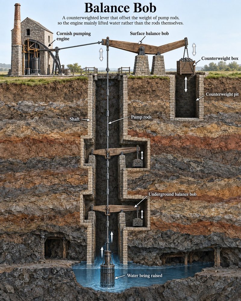 Cutaway of a Cornish pumping engine and shaft, with a counterweighted balance bob at the surface and more on the pump rods below.
