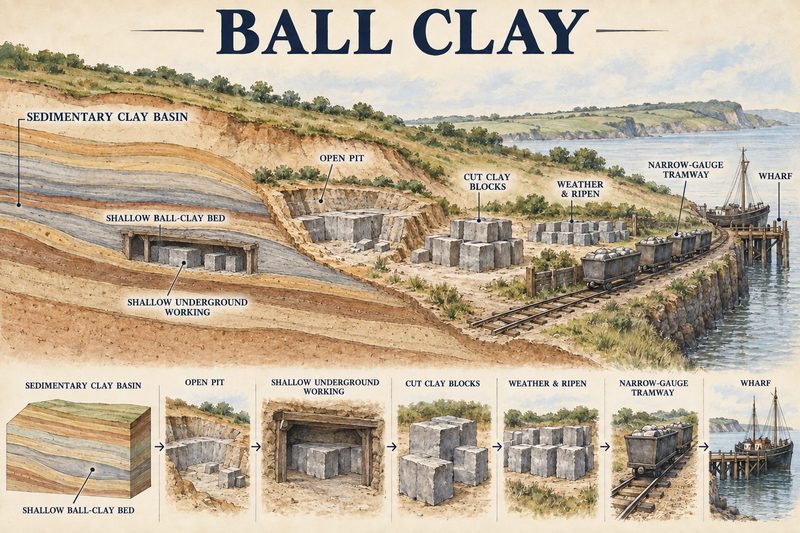 Diagram of a sedimentary ball-clay basin worked by open pit and shallow underground working, the cut blocks left to weather and ripen before a narrow-gauge tramway carries them to a wharf.