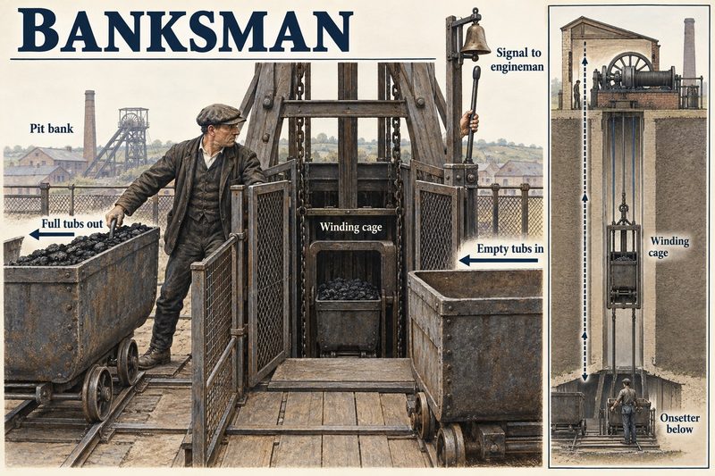 A banksman at the shaft top changes full and empty tubs at the winding cage and signals the engineman, with a section of the shaft down to the onsetter.