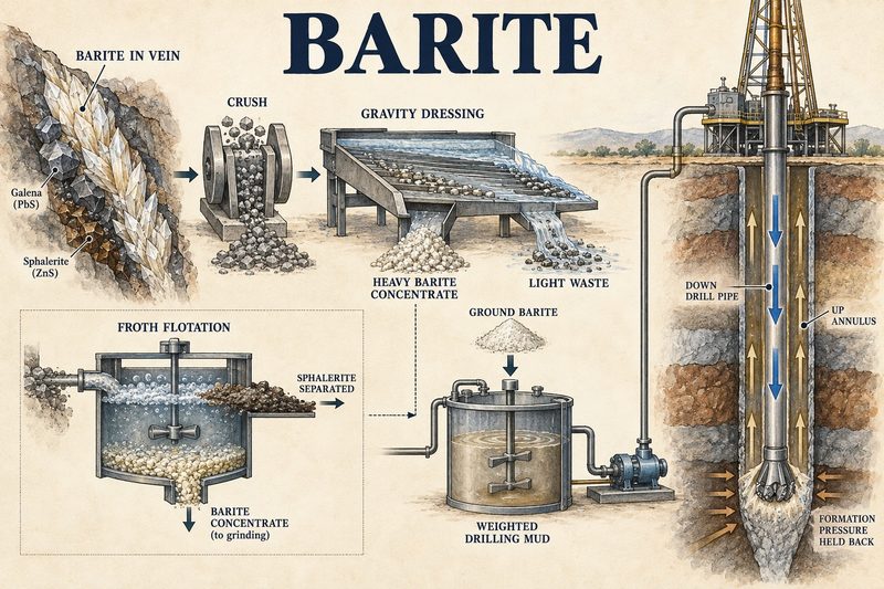 Barite in a vein with galena and sphalerite, crushed and gravity-dressed to a heavy concentrate, flotation separating the sphalerite, and the ground barite weighting the mud in a drilling well.