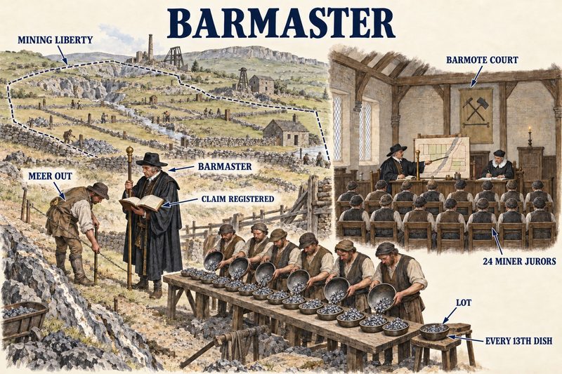 A barmaster meering out a claim, the twenty-four miner jurors of the Barmote Court, and a row of ore dishes with every thirteenth set aside as the lot.