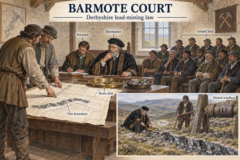 Miners argue a vein boundary before the barmaster, steward and grand jury with the brass dish on the table, and an inset of a meer measured beside a nicked windlass.