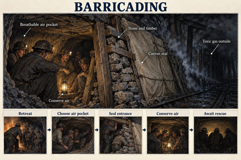 Trapped miners sit in an air pocket behind a wall of stone, timber and canvas holding back gas, above steps from retreat to awaiting rescue.