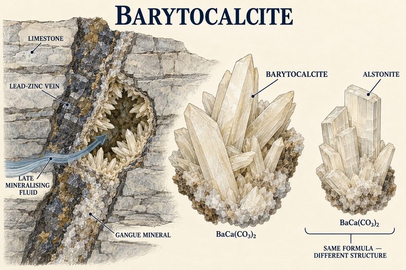 A lead-zinc vein in limestone with a late mineralising fluid, a cluster of pale barytocalcite crystals, and alstonite beside it with the same formula but a different structure.