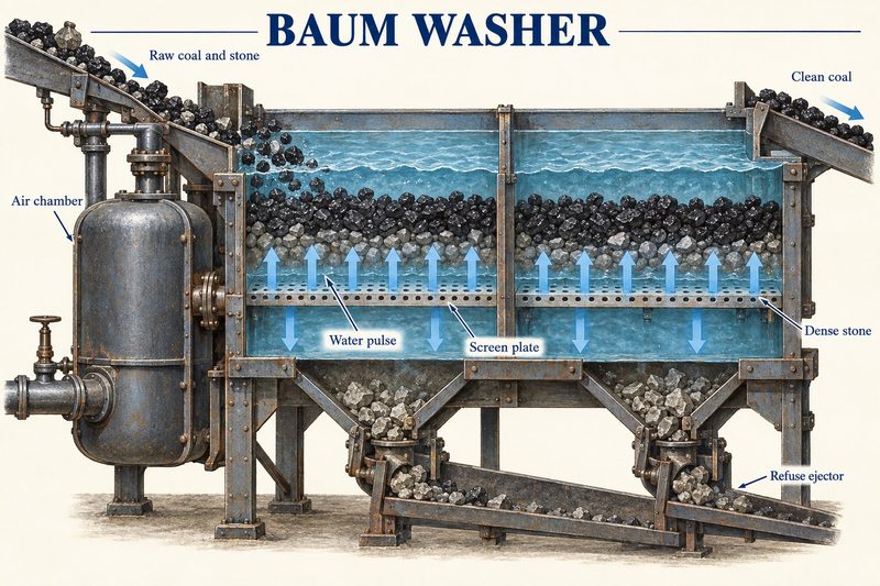 Cutaway of a Baum washer, an air chamber pulsing water through screen plates so coal rises and dense stone settles to the refuse ejectors.