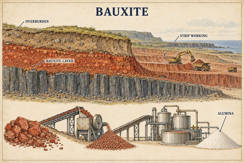 A red bauxite layer under overburden above columnar basalt, worked in strips, then crushed and refined to a pile of white alumina.