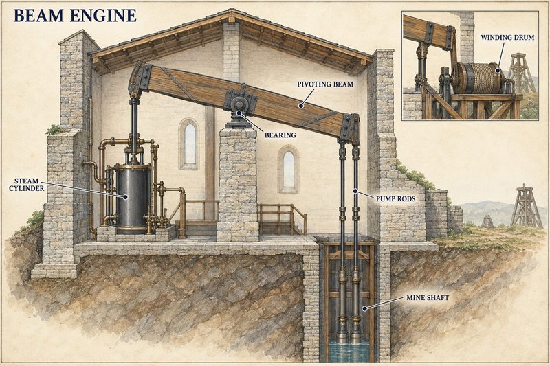 Cutaway diagram of a Cornish beam engine house showing the steam cylinder, pivoting beam and pump rods descending the mine shaft.