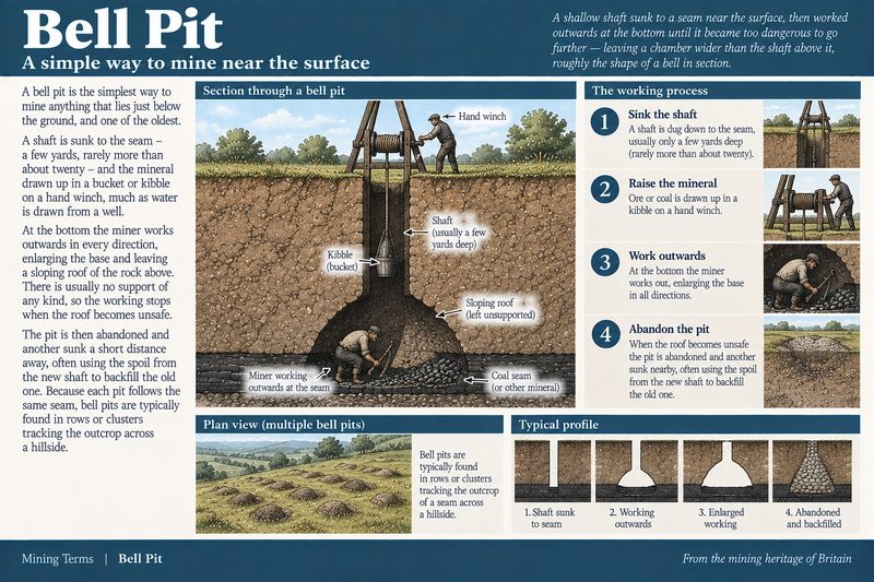 Section of a bell pit, a hand winch over a shallow shaft with a miner at the bottom working outwards along the seam under an unsupported, sloping roof.