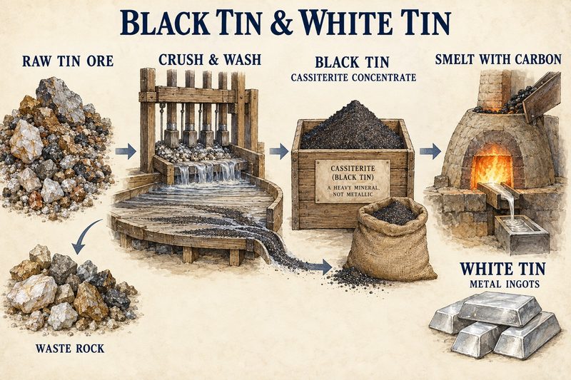 Flow diagram following tin ore through stamps and washing floors into black tin concentrate, then through a smelting furnace into white tin ingots.