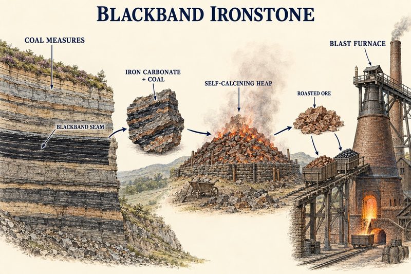 A blackband seam in the Coal Measures, a lump of iron carbonate and coal, a self-calcining heap burning in the open, roasted ore in wagons and a blast furnace tapping iron.