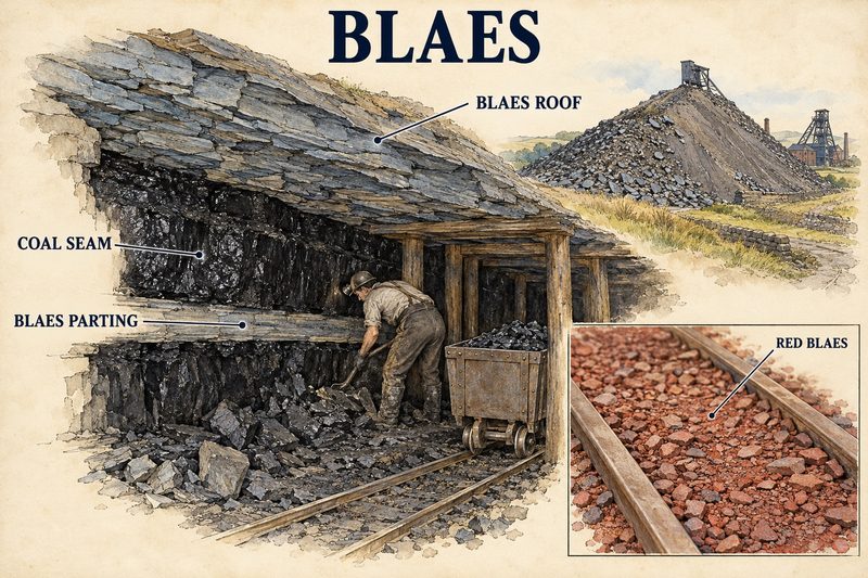 A miner under a laminated blaes roof with a blaes parting in the seam, a bing beside the pit, and an inset of crushed red blaes.