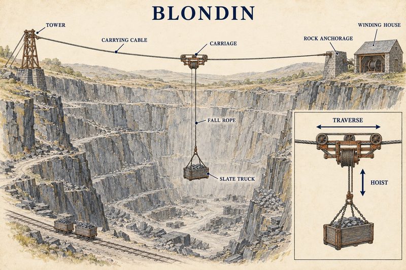 Diagram of a Blondin cableway carrying and lowering a suspended slate truck across a deep British quarry pit.