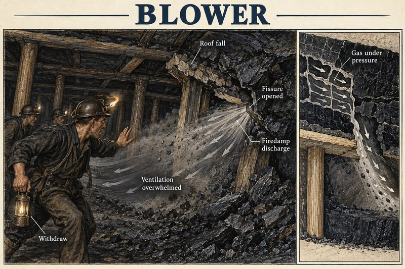 Miners withdraw as firedamp roars out of a fissure opened by a roof fall, overwhelming the ventilation, with an inset of gas under pressure in the coal.