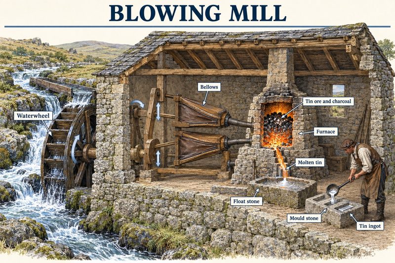 A waterwheel driving bellows into a small tin furnace, molten tin running into a float stone and ladled into a mould stone.