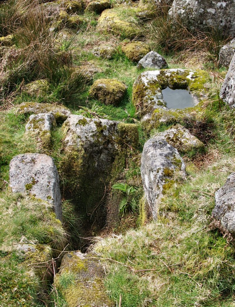 The furnace, float stone and mould stone remains of a blowing house on the River Walkham, Dartmoor.