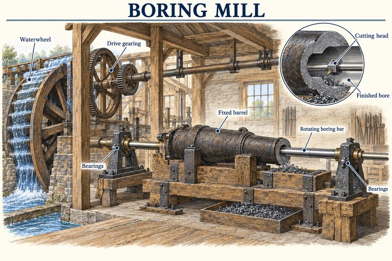 A water-powered boring mill with a cannon barrel clamped still while a rotating boring bar cuts its bore true.