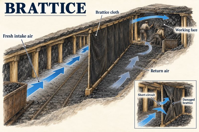 A roadway split by a brattice cloth carries fresh air in on one side to the face and return air back on the other, with an inset of a damaged brattice short-circuiting it.