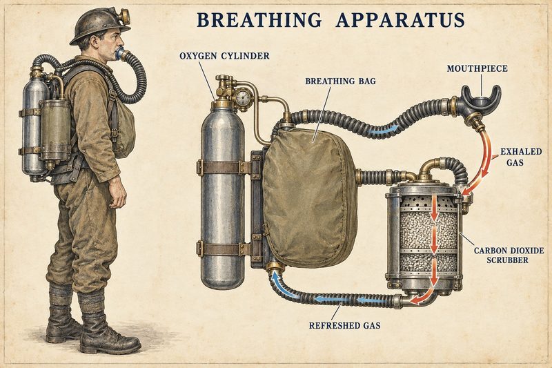 Diagram of period mine-rescue breathing apparatus showing the oxygen cylinder, breathing bag, mouthpiece and carbon-dioxide scrubber loop.