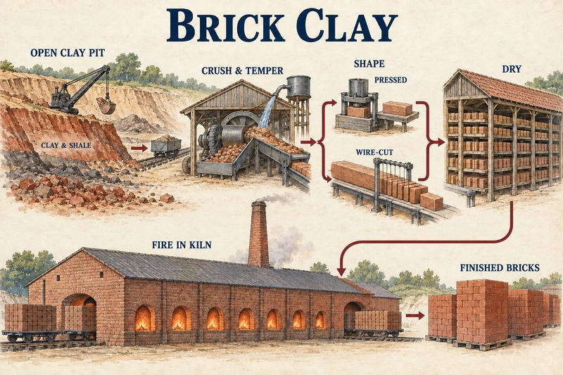 Diagram of an open clay pit worked for clay and shale, the material crushed and tempered, shaped by press or wire cutter, dried under a shed and fired in a kiln to finished bricks.