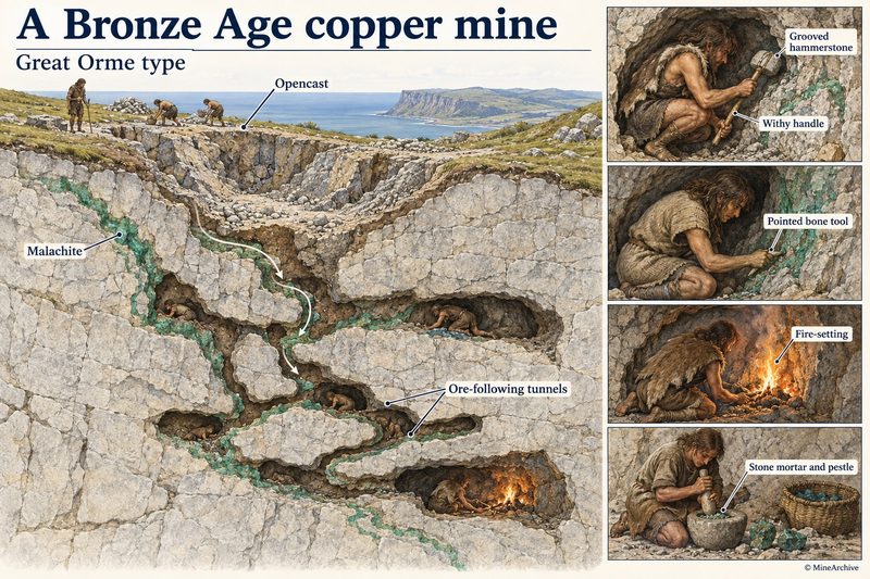 Cutaway of a headland opencast leading into narrow tunnels that follow green malachite veins, with panels showing a hammerstone, a bone tool, fire-setting and a stone mortar.