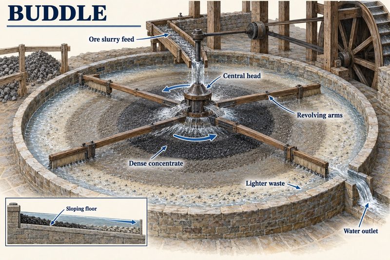 A round buddle, slurry fed to a raised central head and revolving brushes working it, heavy concentrate near the centre and waste at the rim.