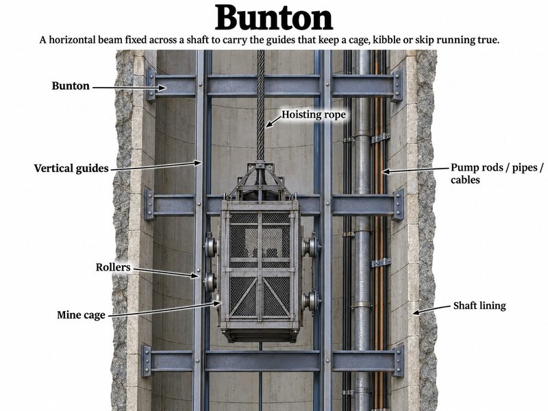 Cutaway of a lined shaft with steel buntons fixed across it, carrying the guides that a cage runs on.