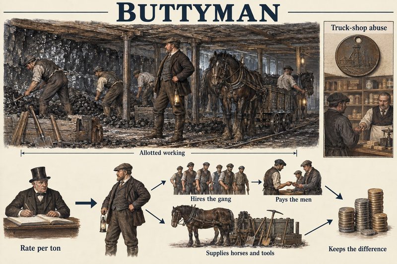 A butty oversees his allotted working, above steps from the owner's rate per ton to hiring and paying men and keeping the difference, with a truck-shop inset.