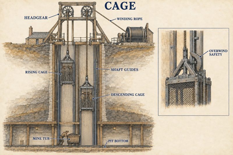 Cutaway diagram of two guided mine cages counterbalancing each other in a shaft, with winding rope, pit-bottom tub and overwind safety.