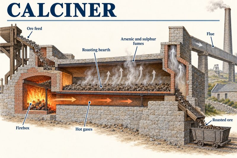 Cutaway of a calciner with ore roasting on a hearth over a firebox, its arsenic and sulphur fumes drawn off along a flue to the chimney.