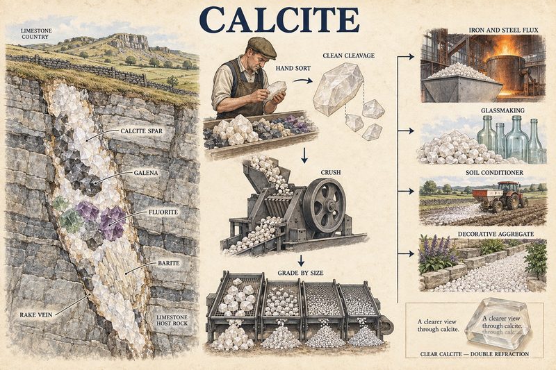 A rake vein of calcite spar with galena, fluorite and barite in limestone; hand sorting, crushing and grading; and the uses, from steel flux and glassmaking to soil conditioner and clear Iceland spar.