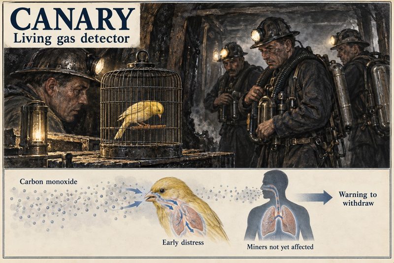 A miner watches a caged canary as rescue men in breathing apparatus wait, above a diagram of carbon monoxide distressing the bird before it affects people.