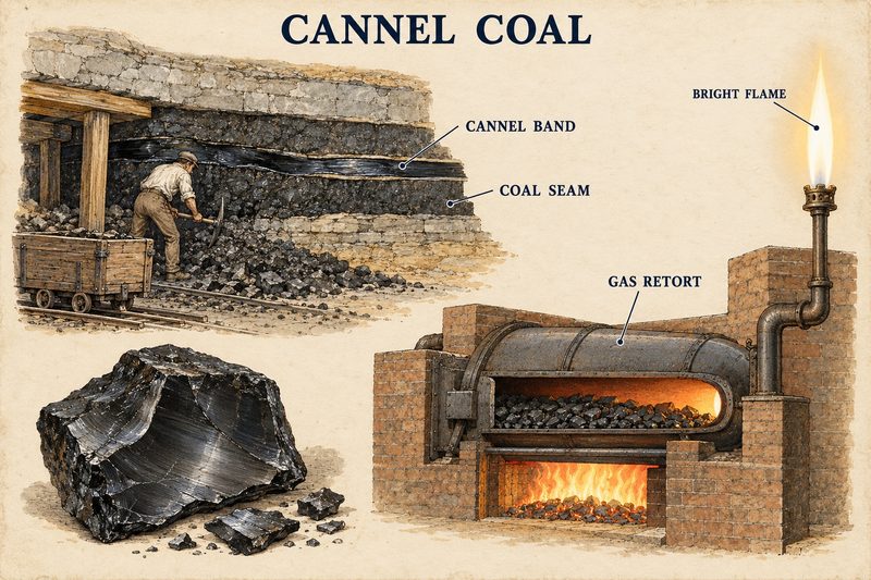 A cannel band worked over a coal seam, a block of cannel with a smooth conchoidal fracture, and a gas retort feeding a bright flame.