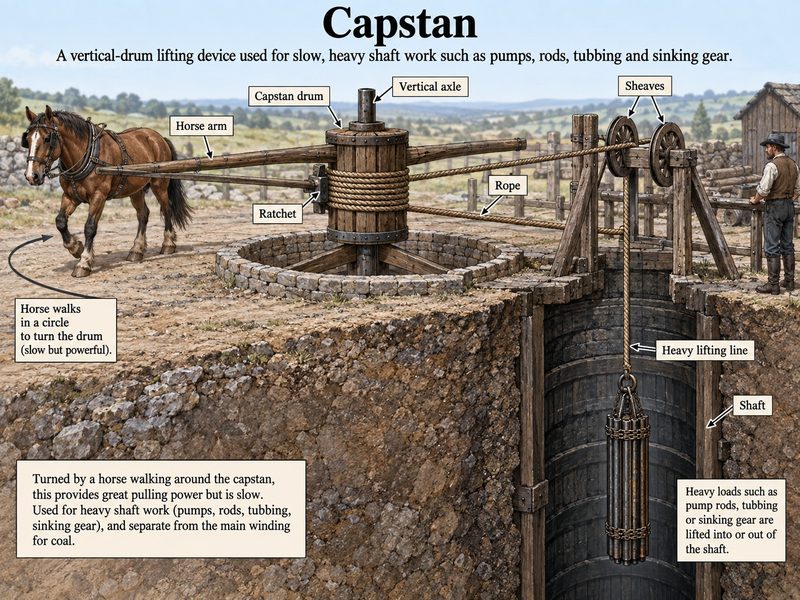 A horse walking round a wooden capstan, its rope running over sheaves and down a shaft to lower a bundle of pump rods.