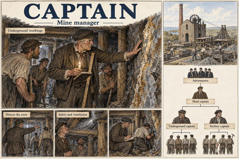 A mine captain directs miners at a lode underground, beside an engine house and a chart from the adventurers to the head, underground and surface captains.
